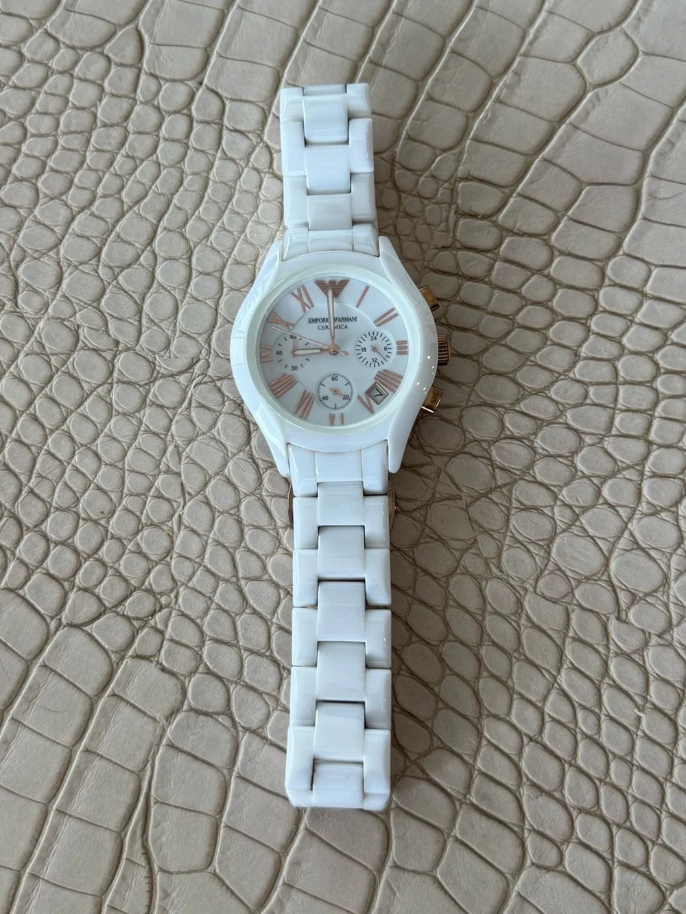 Emporio Armani White Ceramic Chronograph Watch with Rose Gold Markers